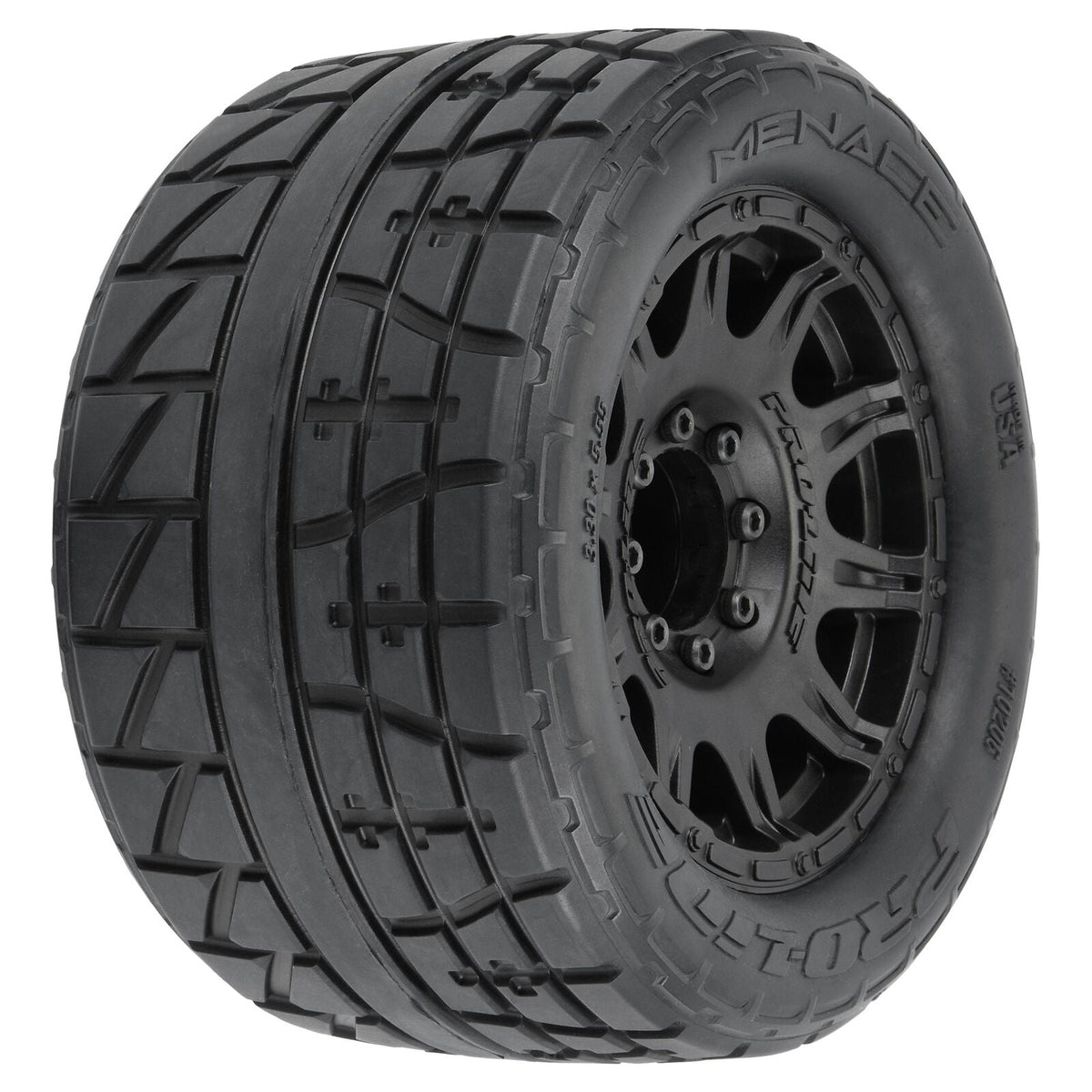 1/8 Menace HP BELTED Fr/Rr 3.8" MT Tires Mounted 17mm Black Raid (2) - PRO1020610