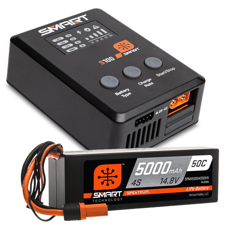 Spektrum Smart Powerstage Surface Bundle: 5000mAh 4S 50C LiPo Battery (IC5) / 100W S100 Charger