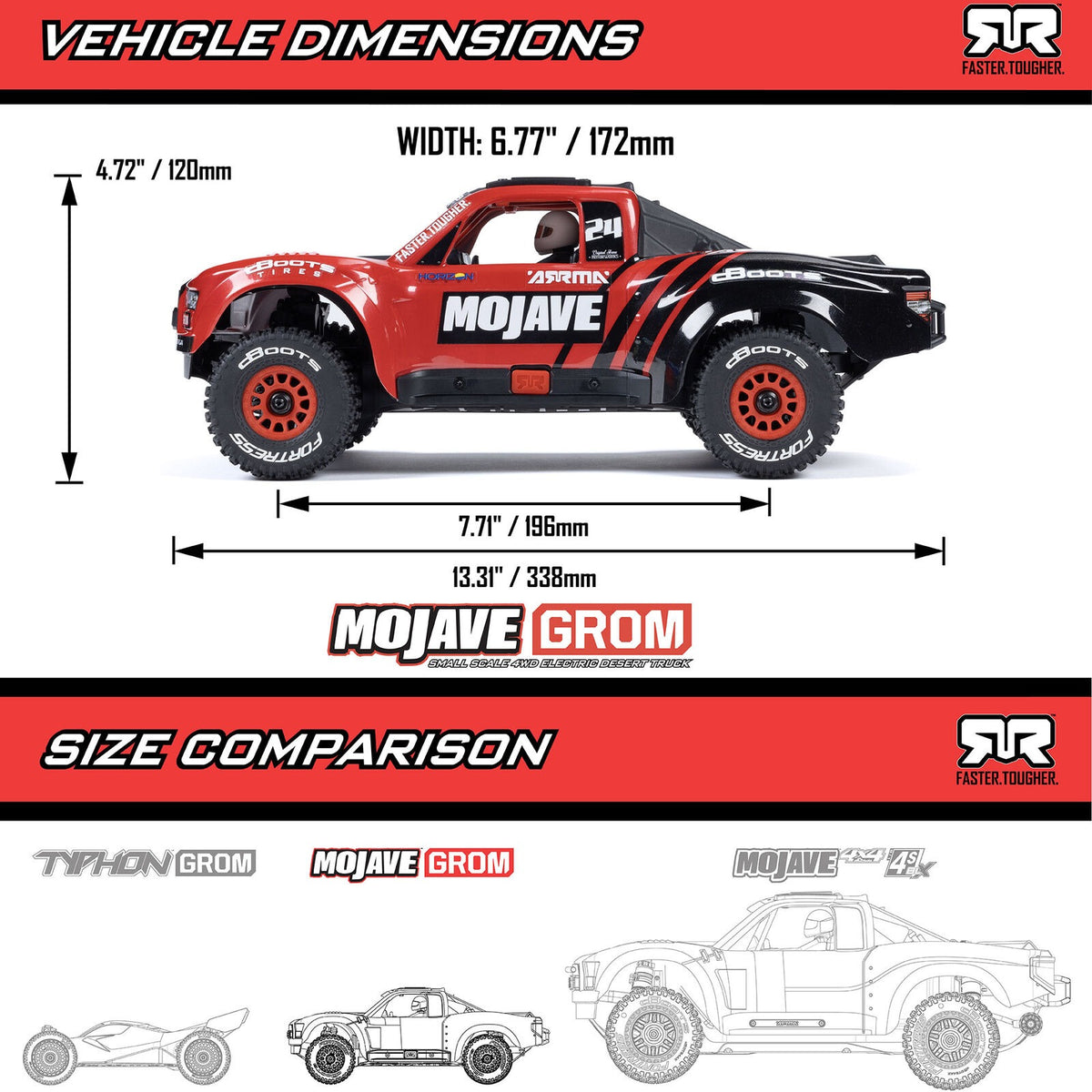 1/16 MOJAVE GROM 4X4 RTR Brushed Desert Truck (Battery & Charger Included), Red/Black