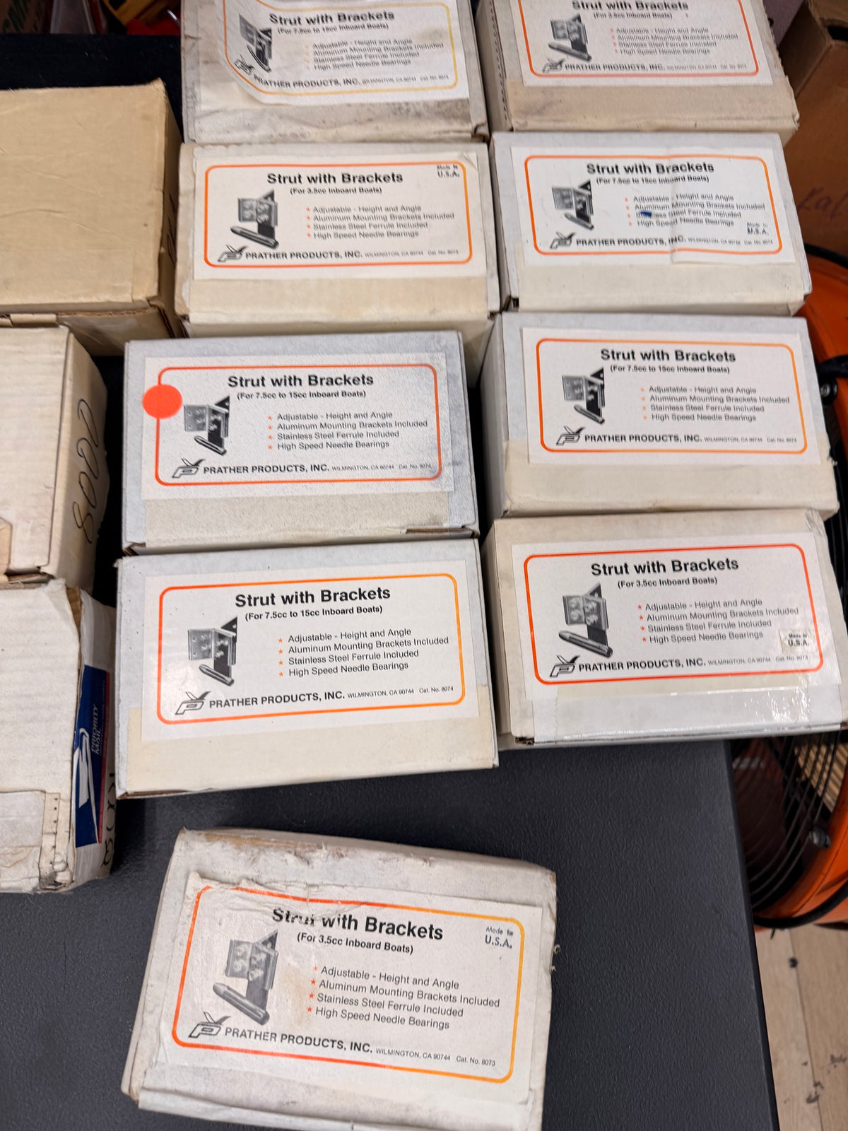 Prather strut boxes on the counter at Sheldons Hobbies