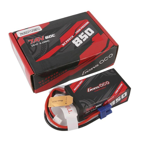 7.4V 850mAh 2S 60C Hard Case Lipo Battery: EC2 - GEA8502S60E2