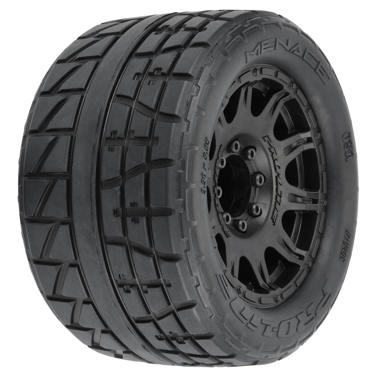1/8 Menace HP BELTED Fr/Rr 3.8" MT Tires Mounted 17mm Black Raid (2) - PRO1020610