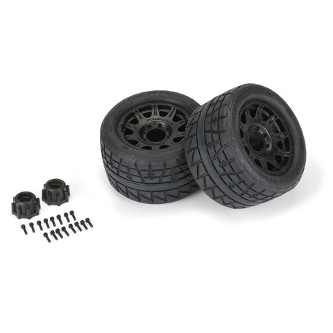 1/8 Menace HP BELTED Fr/Rr 3.8" MT Tires Mounted 17mm Black Raid (2) - PRO1020610