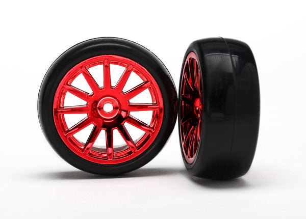 Traxxas Red Chrome 12-Spoke wheels w/ Slick Tires (2)