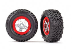 Traxxas Tires and wheels, assembled, glued (SCT satin chrome wheels, red beadlock style, SCT off-road racing tires, foam inserts) (1 each, right & left)
