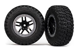 Traxxas Tires & wheels, assembled, glued (SCT Split-Spoke, black, satin chrome beadlock wheels, BFGoodrich® Mud-Terrain™ T/A® KM2 tire, foam inserts) (2) (4WD f/r, 2WD rear)