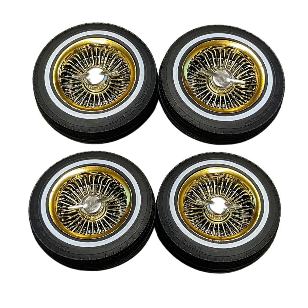 Whitewall Low Pro Tires and Wheels w/ Knock offs & Wheel Nuts (Gold)(Not Glued) (1Set) - RER14434