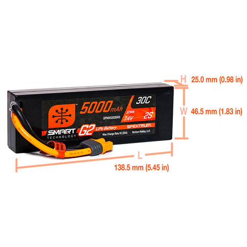 7.4V 5000mAh 2S 30C Smart LiPo G2 Hard Case IC3 - SPMX52S30H3