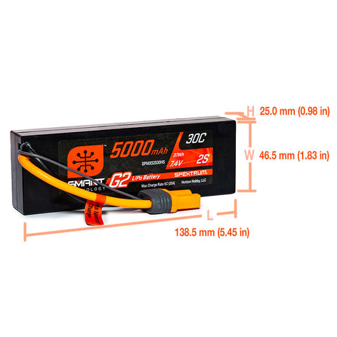 7.4V 5000mAh 2S 30C Smart G2 Hardcase LiPo Battery IC5 - SPMX52S30H5